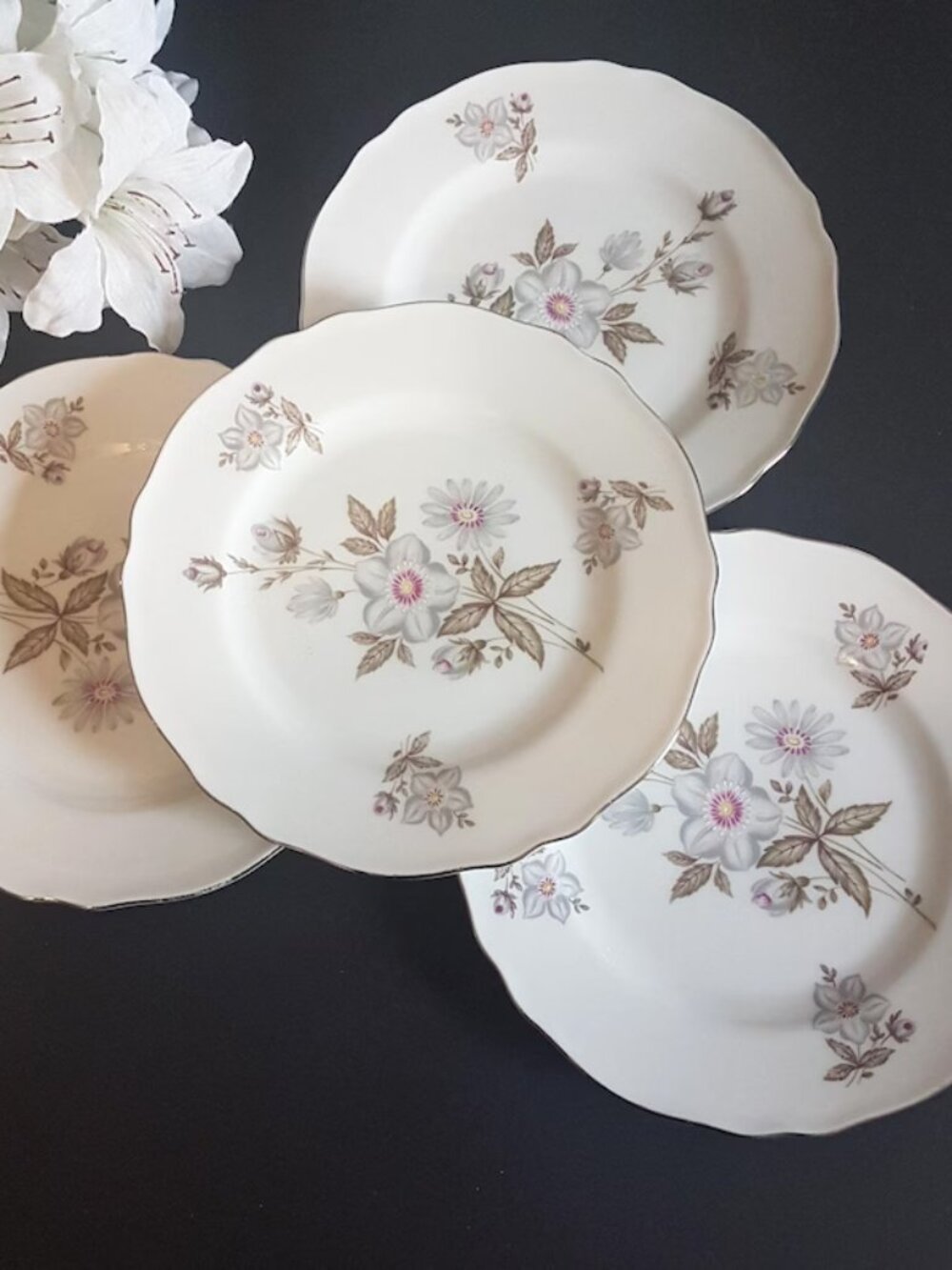 Vintage Silver Gray Flower Dessert Plates 4pc Franconia-Krautheim Selb Bavaria